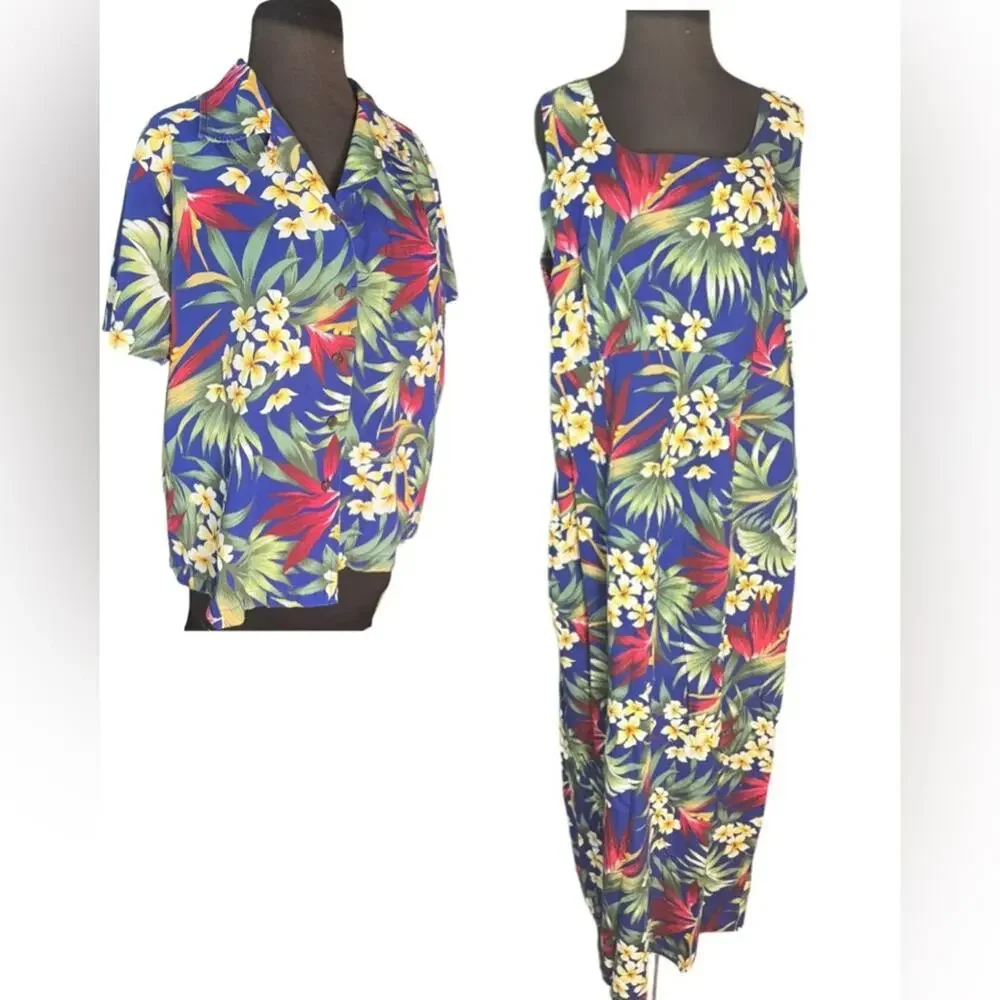Vintage 90s Hilo Hattie Hawaiian Tropical Button Top Coord Maxi Dress Womens 20